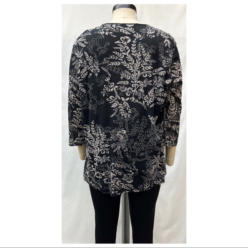 CJ Banks Black Multicolor Embellished 3/4 Sleeve Knit Printed Mesh Blouse - Picture 6 of 15